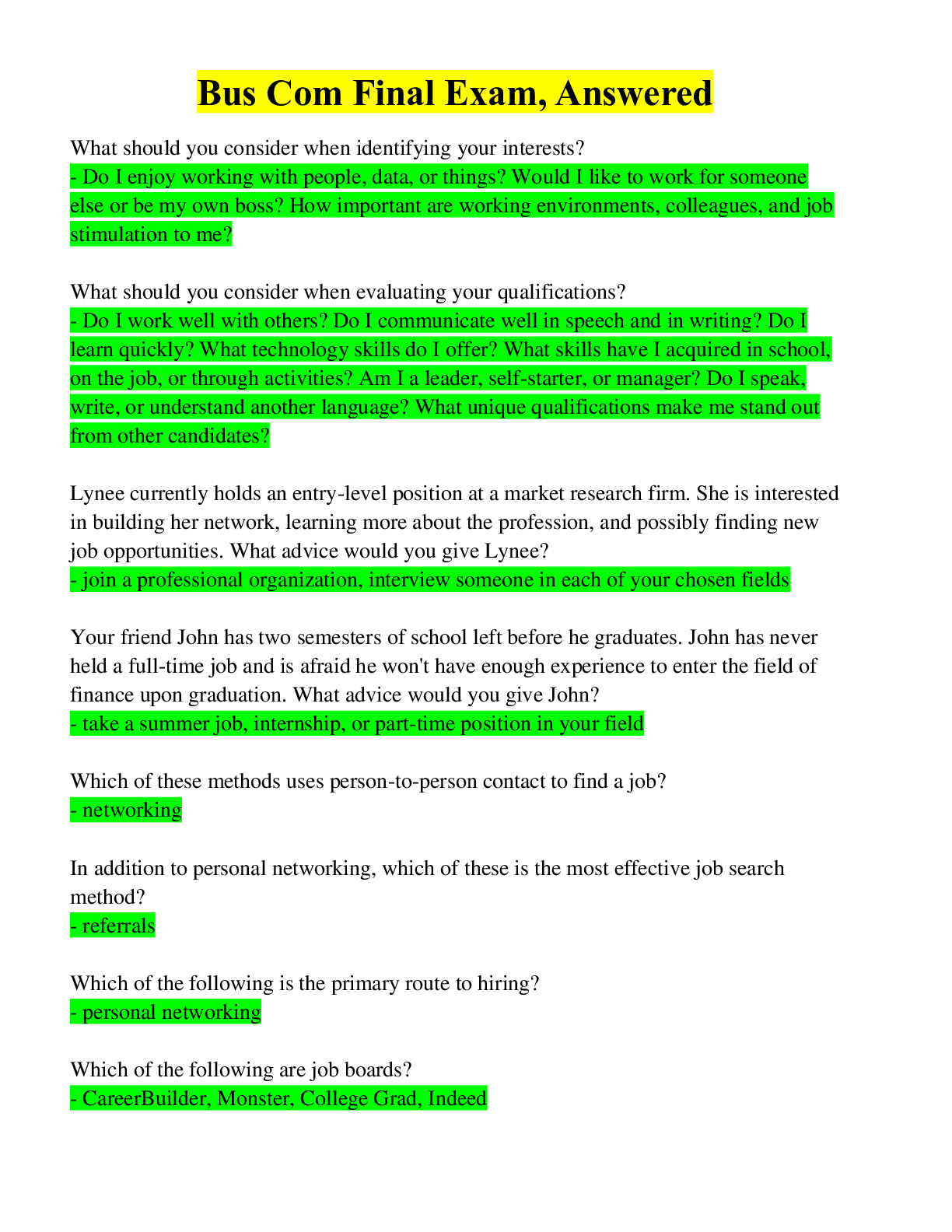 Preview image of Bus Com Final Exam, Answered document